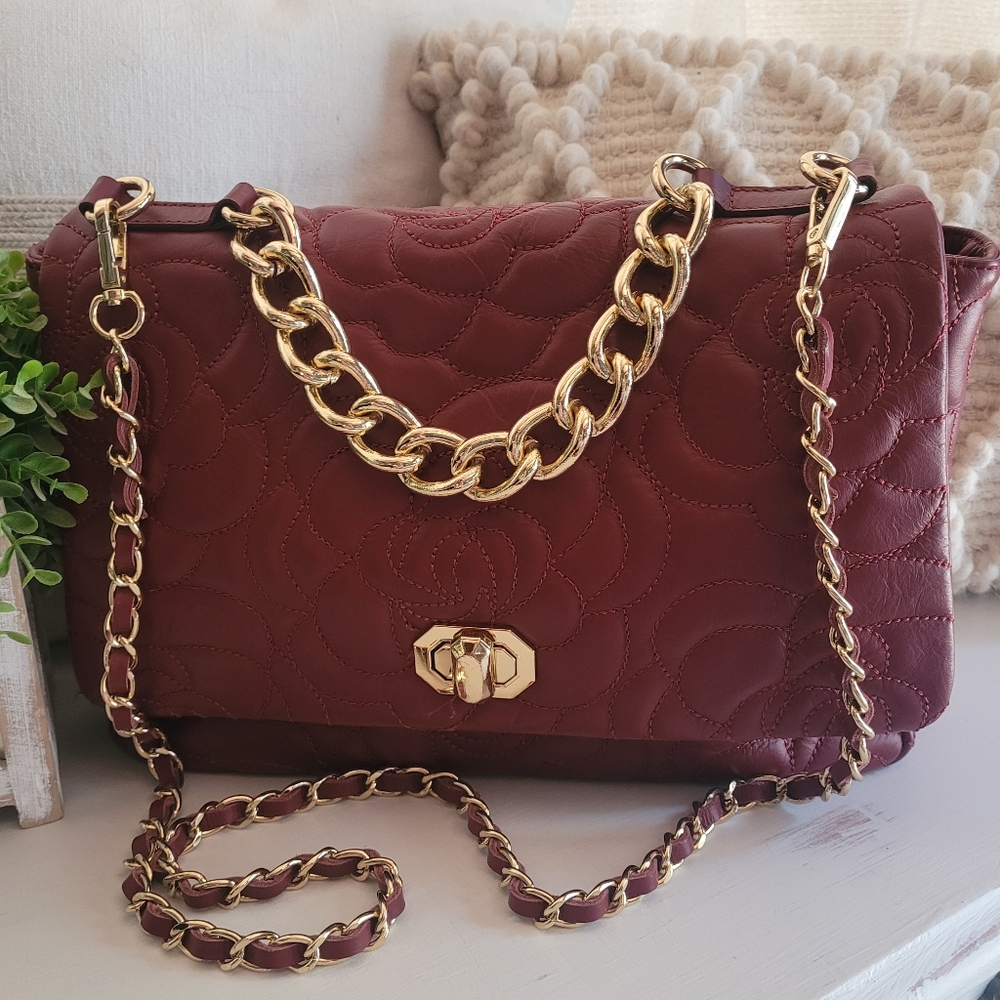 Anna Paola Leather Kimberly Bag in Ruby Quilted Roses Made In Italy